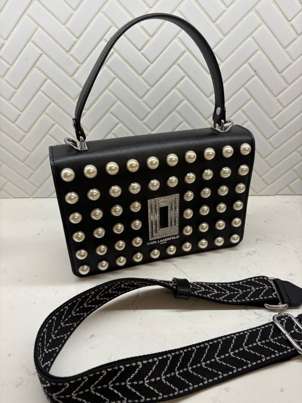 Karl Lagerfeld Black Pearl-Embellished Top Handle Satchel